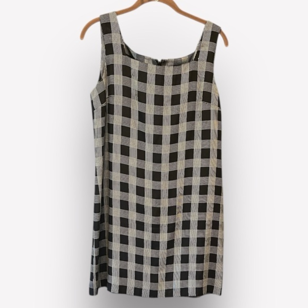 🥑DKNY shift mini dress sleeveless plaid black white 8 petite lined back zip